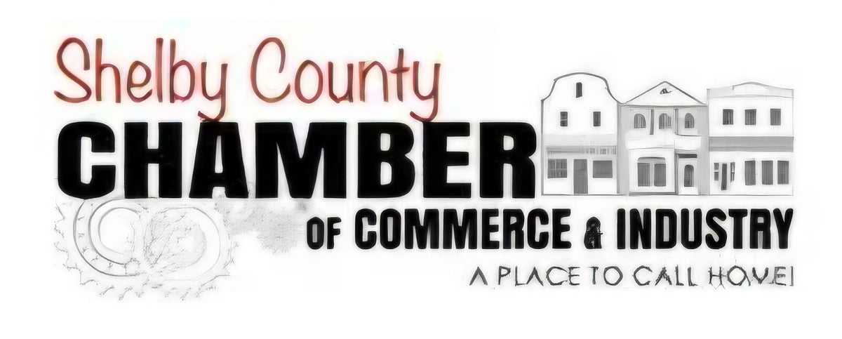 Shelby County Chamber of Commerce and Industry logo with red and black text, black building illustrations, and the tagline 'A PLACE TO CALL HOME!' on a white background.