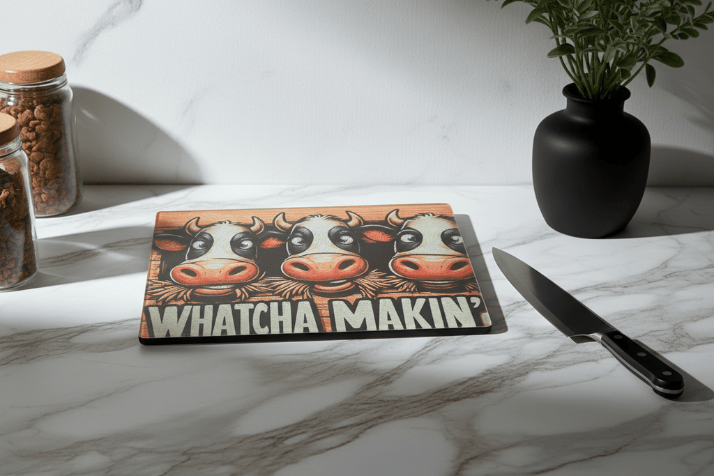 Wooden cutting board with cartoon cows and text 'WHATCHA MAKIN?' on a marble surface.