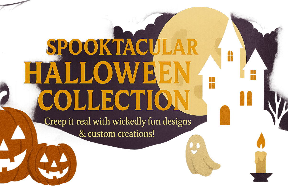 Halloween-themed promotional graphic with pumpkins, ghosts, and a haunted house.