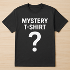 Black T-shirt with bold white text "MYSTERY T-SHIRT" and a large question mark.