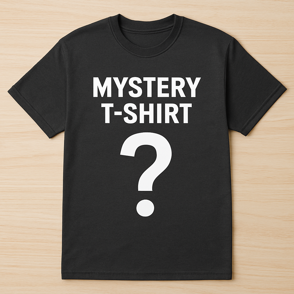Black t-shirt with 'Mystery T-Shirt?' text on a wooden surface