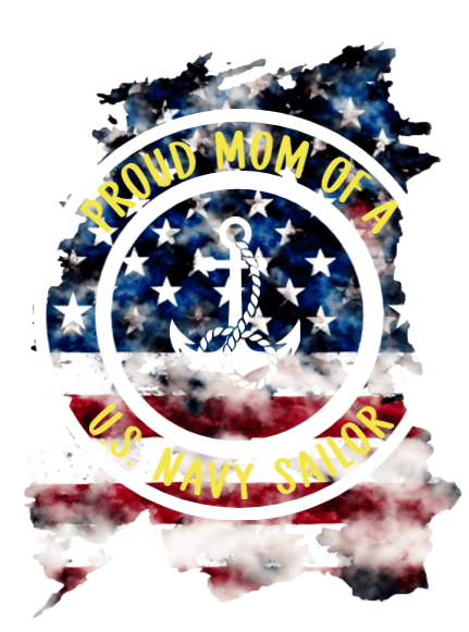 Design with 'Proud Mom of a US Navy Sailor' text and an anchor on a colorful background.