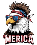 Merica Bald Eagle shirt design: bald eagle with red-white-blue bandana and star-spangled sunglasses with MERICA text.