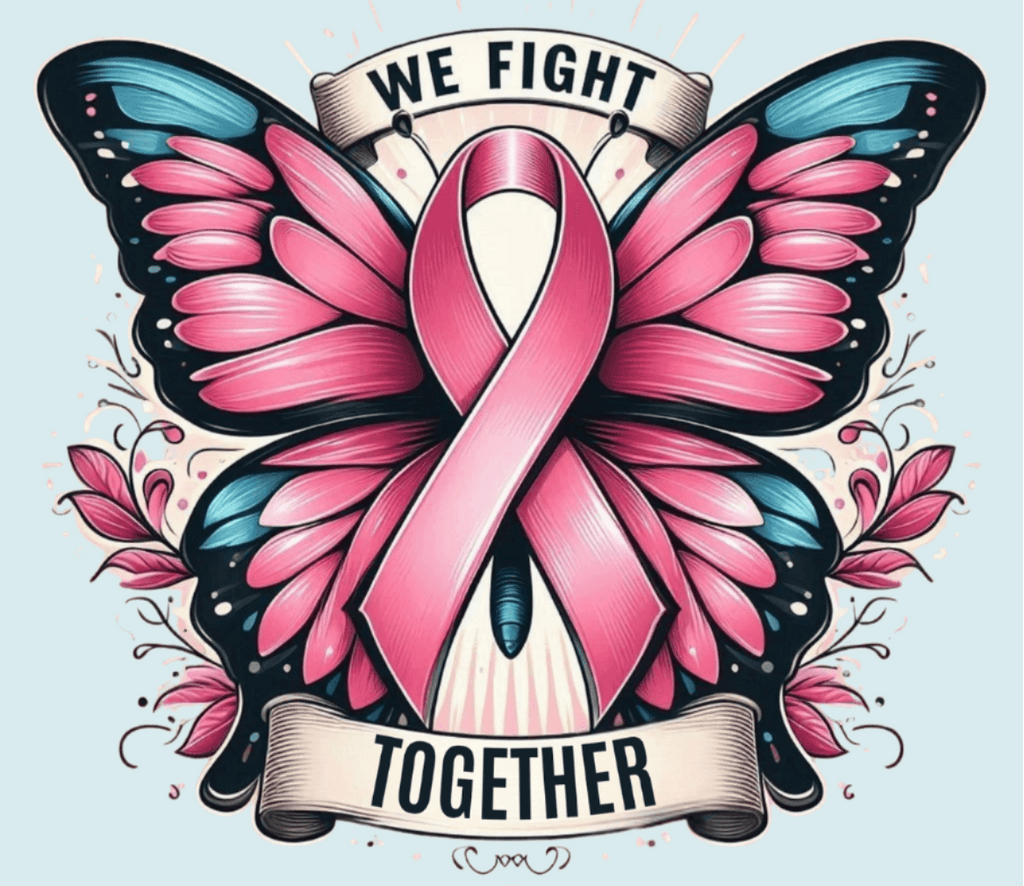 Transfer Butterfly We Fight Together design with pink breast cancer awareness ribbon on butterfly wings.