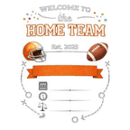 Baby football birth announcement card with home team theme, featuring helmet, football, and orange banner.