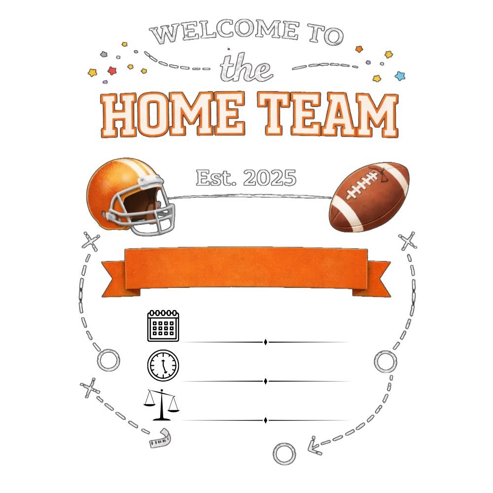 Baby football birth announcement card with home team theme, featuring helmet, football, and orange banner.