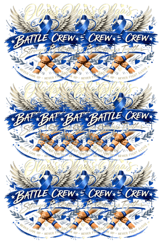 Olga Battle Crew UV DTF decal with blue cancer awareness ribbon, wings, and strength and unity.