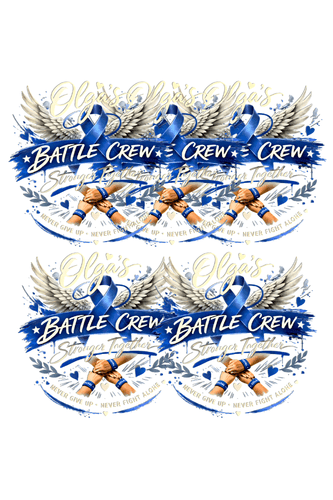 Olga Battle Crew UV DTF Decals featuring a blue cancer awareness ribbon, wings, and the Battle Crew banner.