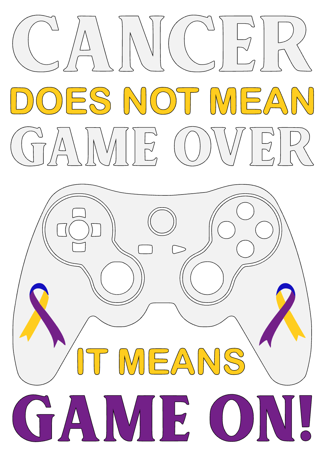 Gaming controller with cancer awareness ribbons and motivational text on a white background