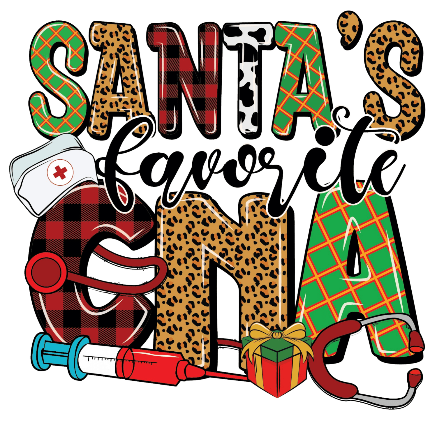 Colorful text 'Santa's Favorite CNA' with medical-themed graphics on a green background