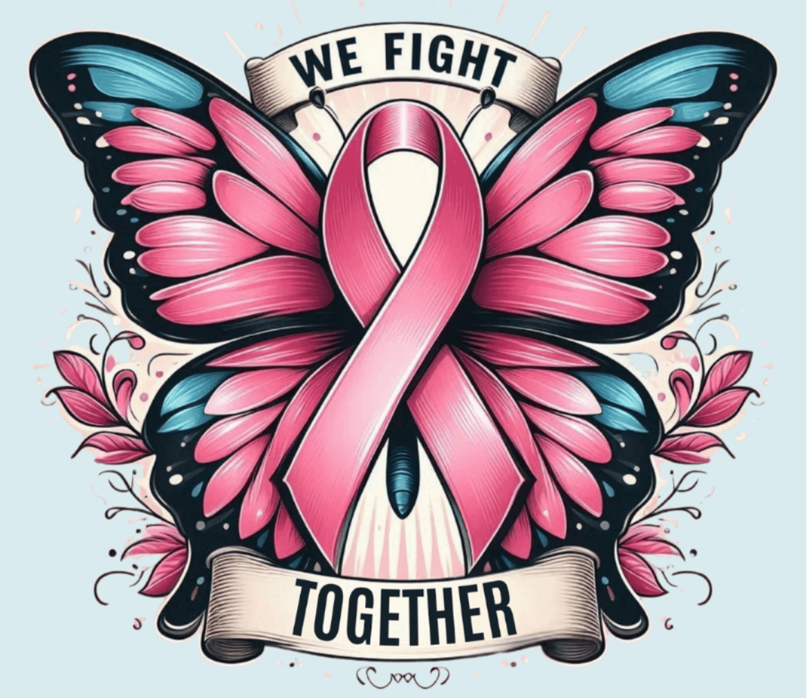 Transfer Butterfly We Fight Together design with pink breast cancer awareness ribbon on butterfly wings.