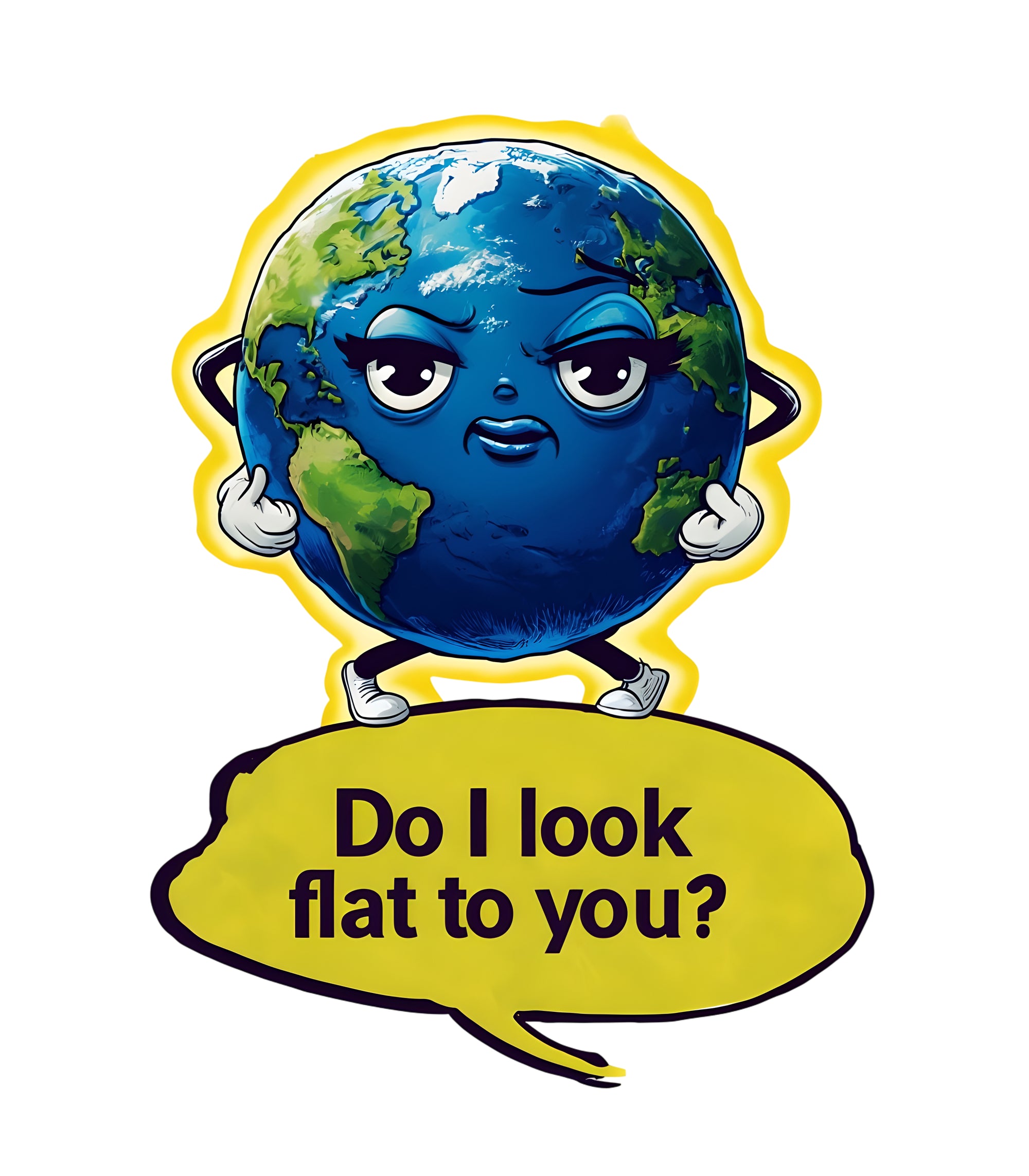 Cartoon Earth character with a speech bubble asking 'Do I look flat to you?' on a white background