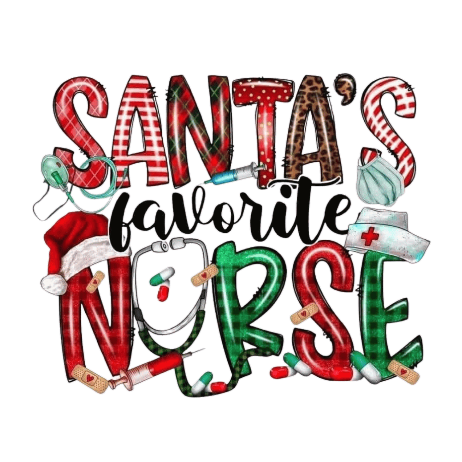 Text 'Santa's Favorite Nurse' with Christmas-themed decorations on a white background