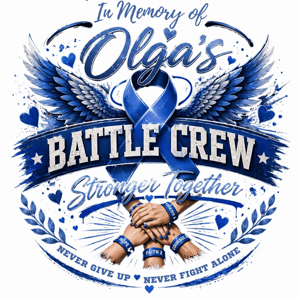 Sticker in memory of Olga featuring blue wings, ribbon, and inspirational messages.