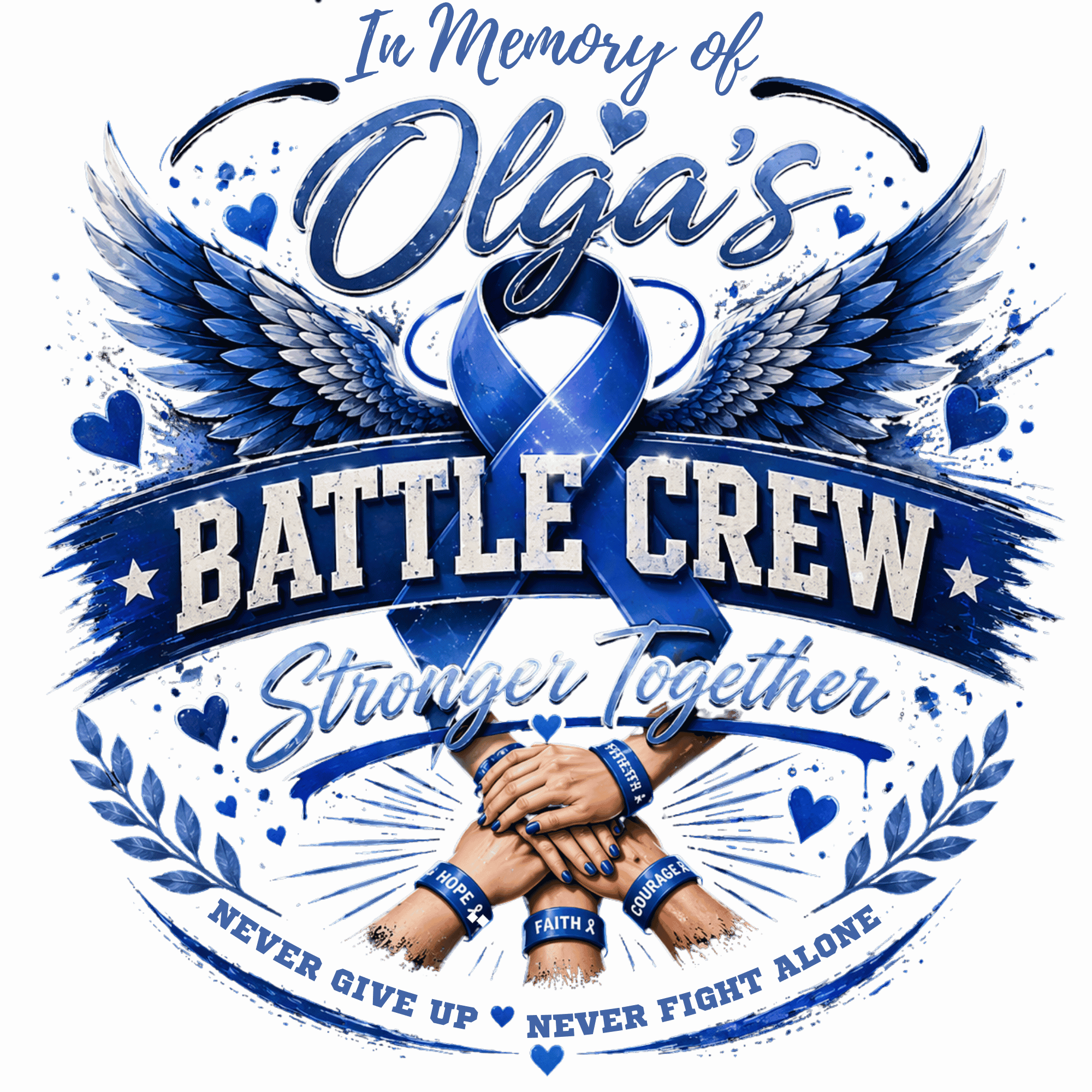 Sticker in memory of Olga featuring blue wings, ribbon, and inspirational messages.
