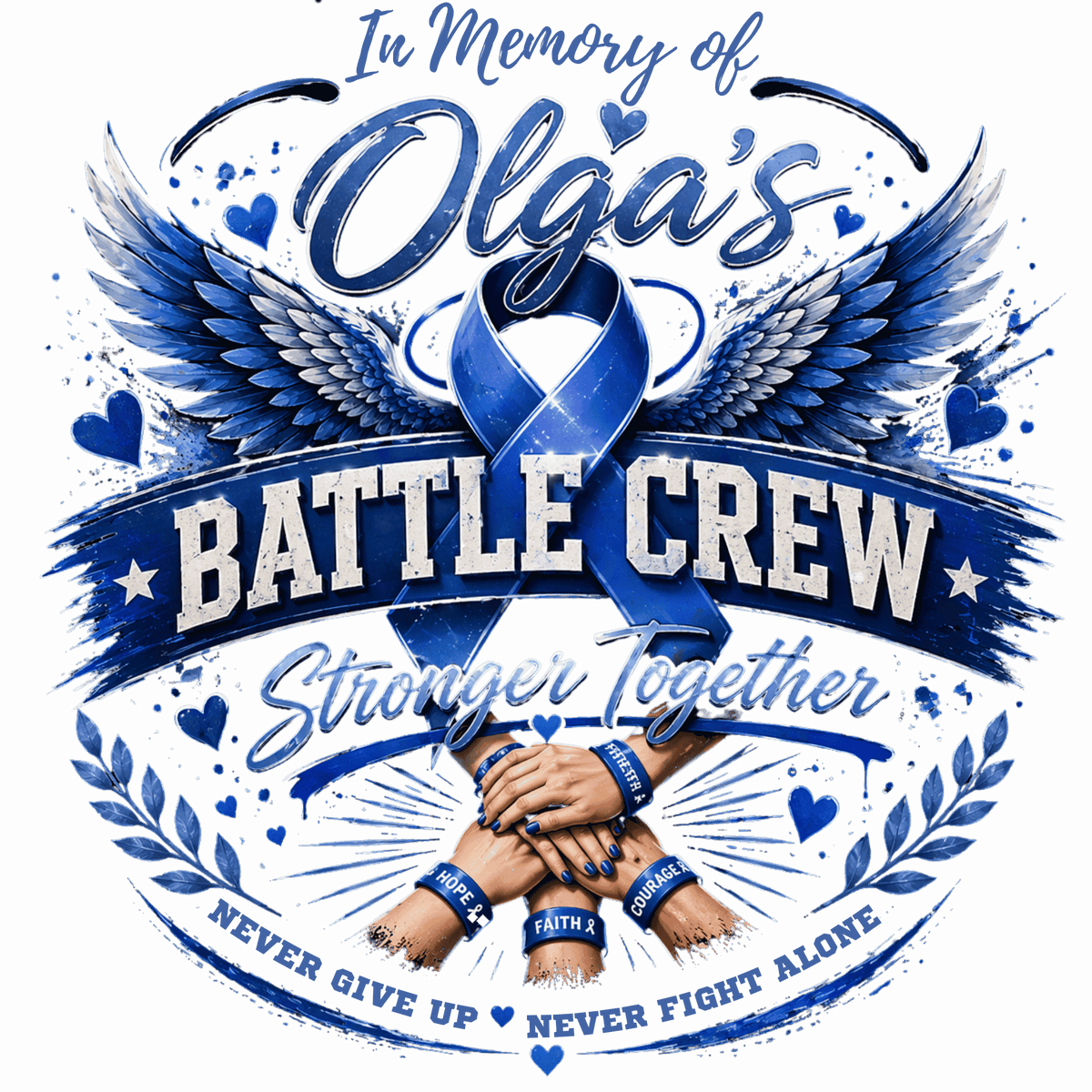Sticker in memory of Olga featuring blue wings, ribbon, and inspirational messages.
