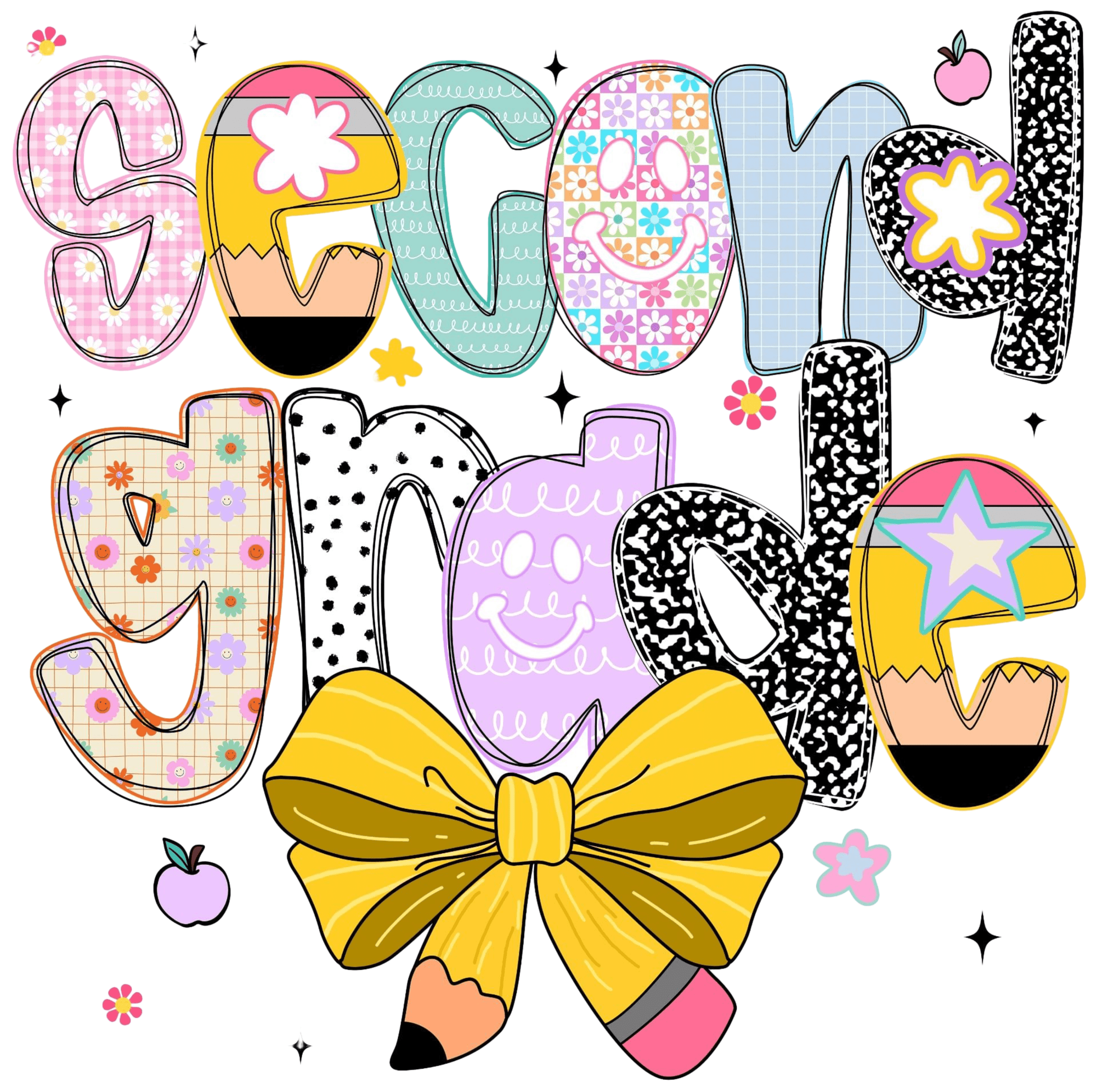 Colorful text with decorative elements on a white background