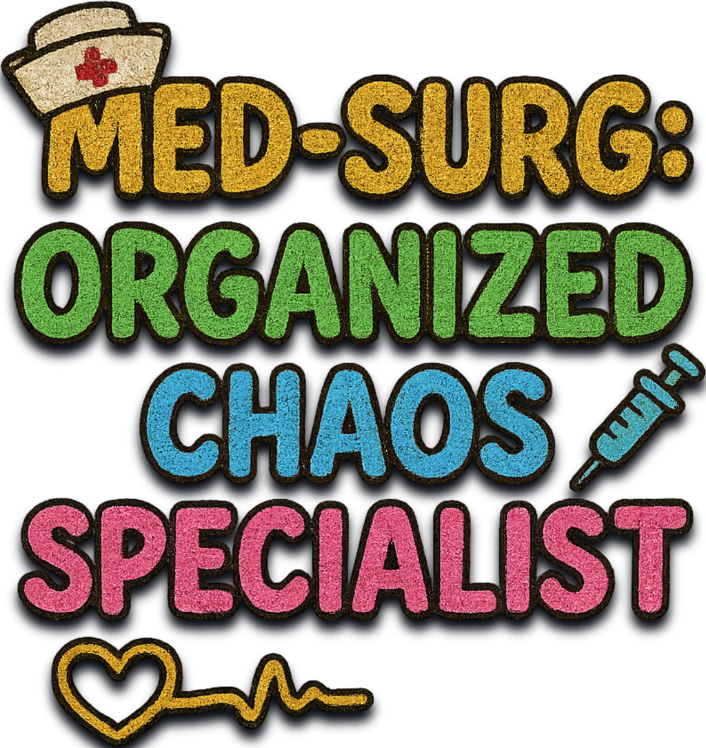 Text 'MED-SURG: ORGANIZED CHAOS SPECIALIST' with medical symbols on a white background
