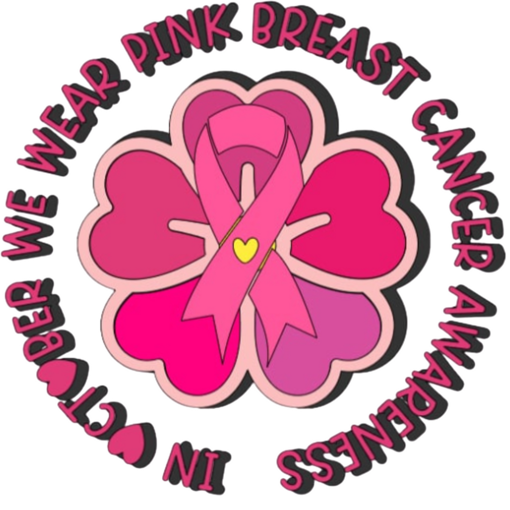 Pink breast cancer awareness ribbon with a butterfly design on a white background