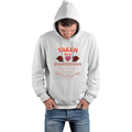 Bearded man wearing a light gray hoodie with 'Taken by a Bearded Man' and rose graphics