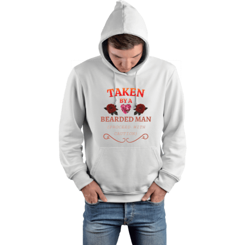 Bearded man wearing a light gray hoodie with 'Taken by a Bearded Man' and rose graphics