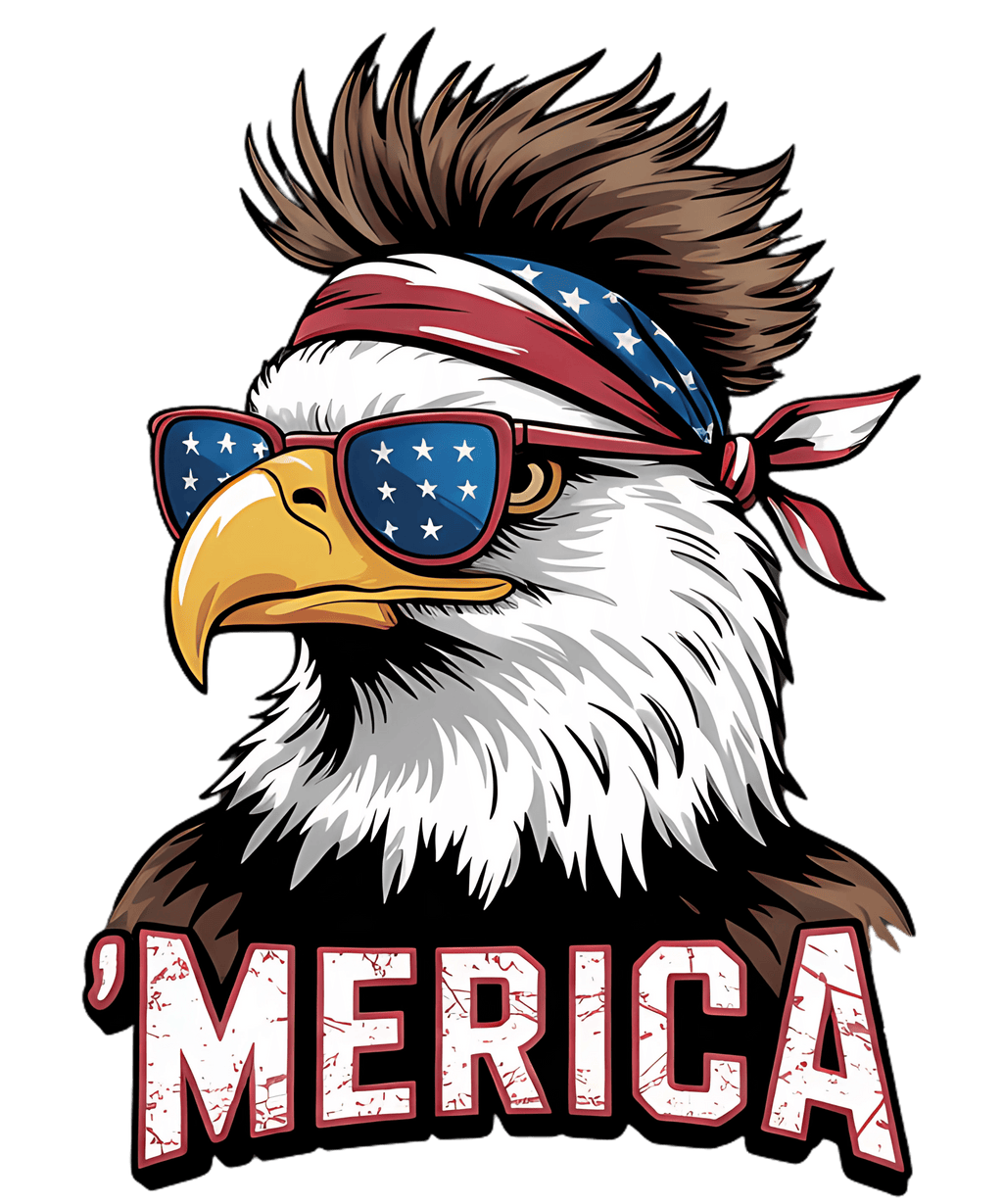 Merica Bald Eagle shirt design: bald eagle with red-white-blue bandana and star-spangled sunglasses with MERICA text.