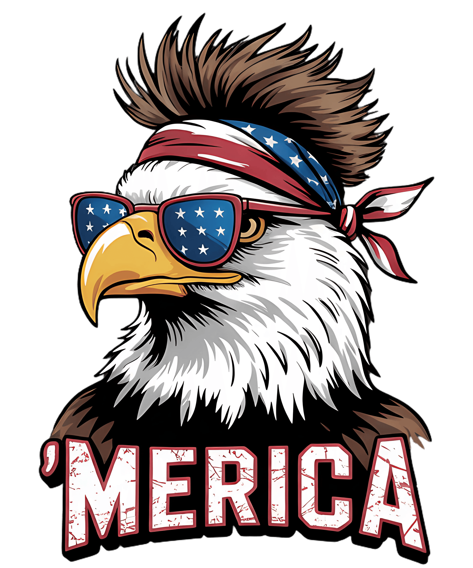 Merica Bald Eagle shirt design: bald eagle with red-white-blue bandana and star-spangled sunglasses with MERICA text.