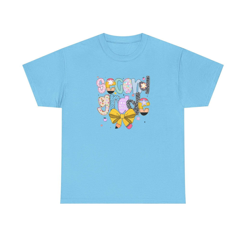 2nd grade youth T-shirt with colorful second grade text and a yellow bow on a light blue tee