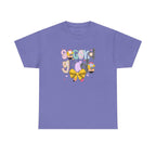 Purple 2nd grade youth T-shirt featuring colorful 'second grade' lettering and a yellow bow.