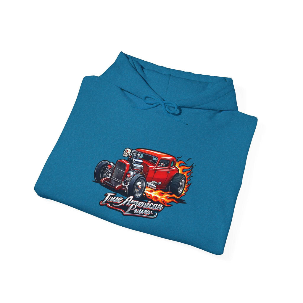 Teal hot rod hoodie featuring a red flaming car graphic and True American Power lettering.