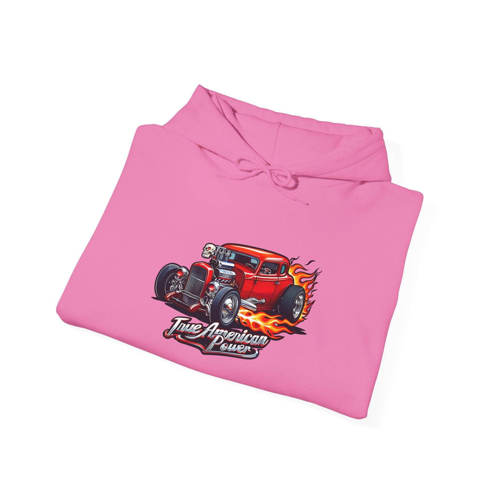 Hot Rod Hoodie: pink hoodie with flaming red car graphic and True American Power text.