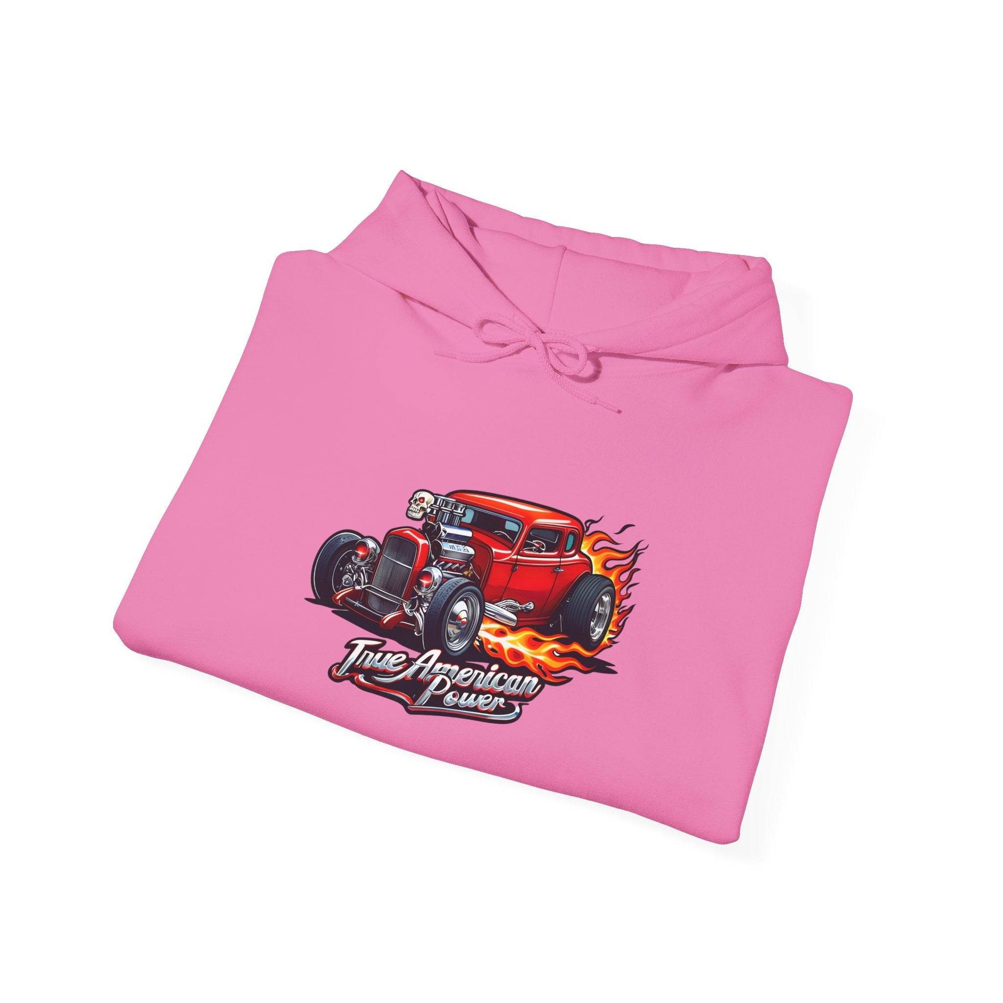 Hot Rod Hoodie: pink hoodie with flaming red car graphic and True American Power text.