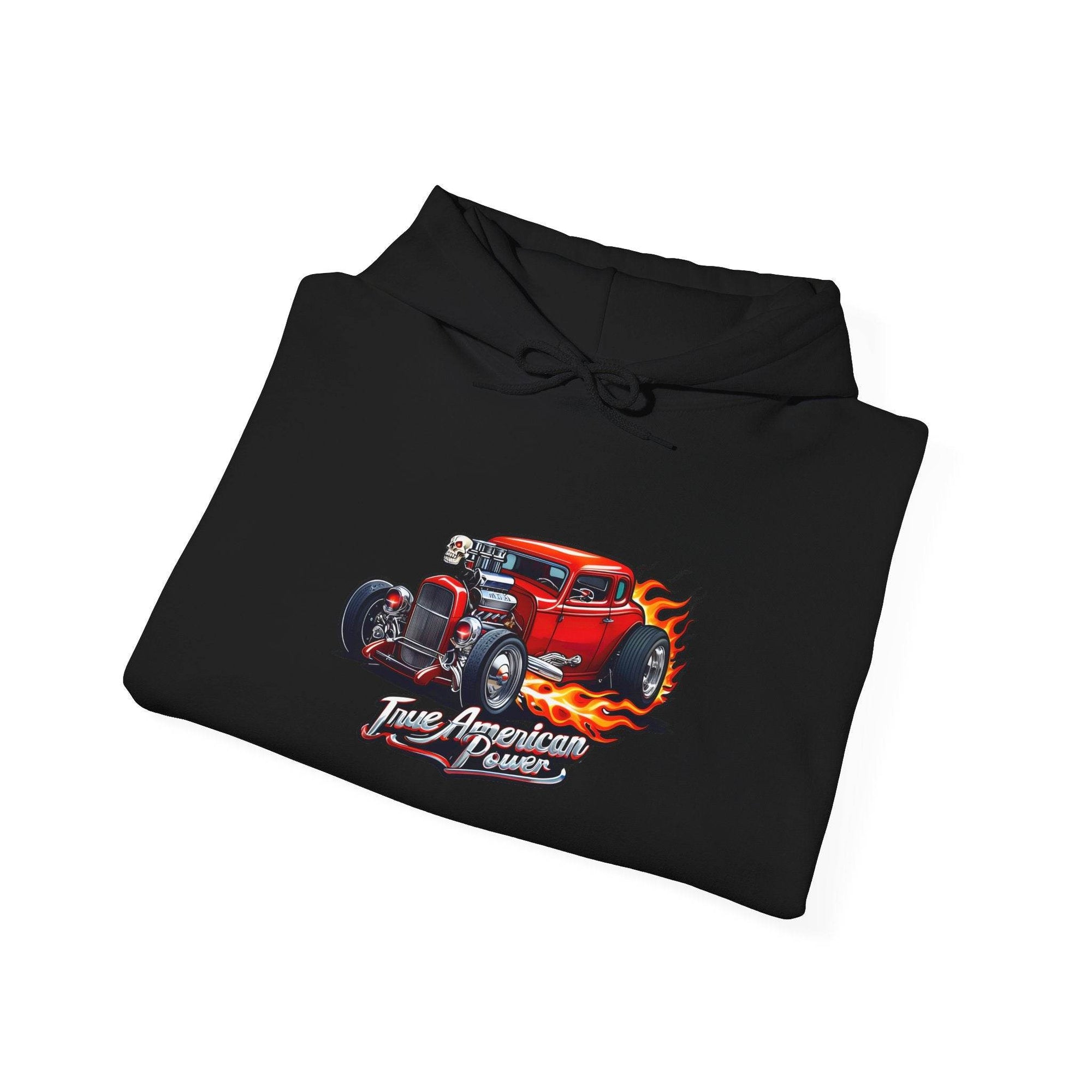 Black hoodie with a red hot rod graphic and flames, featuring True American Power text.