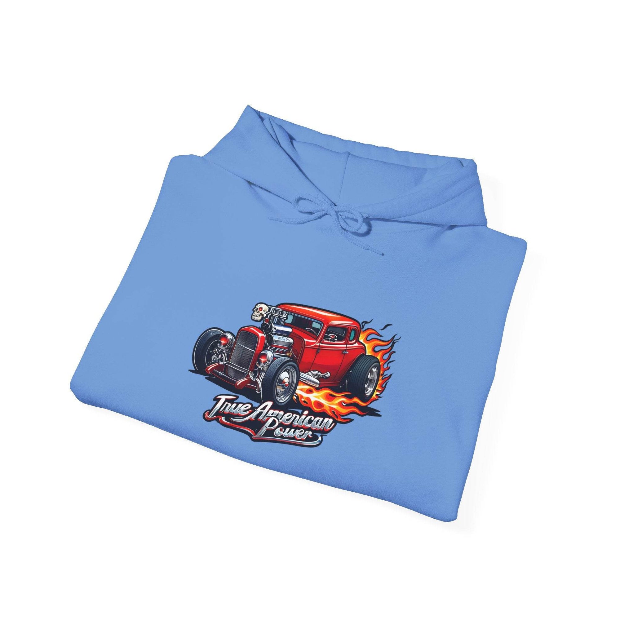 Blue hoodie featuring a red hot rod with flames and the True American Power graphic