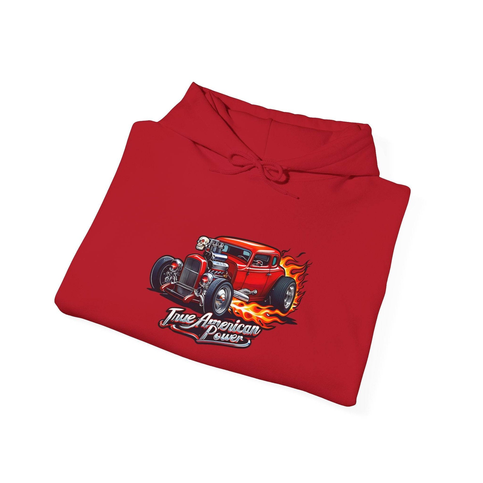 Red hoodie with flaming hot rod graphic and True American Power text.