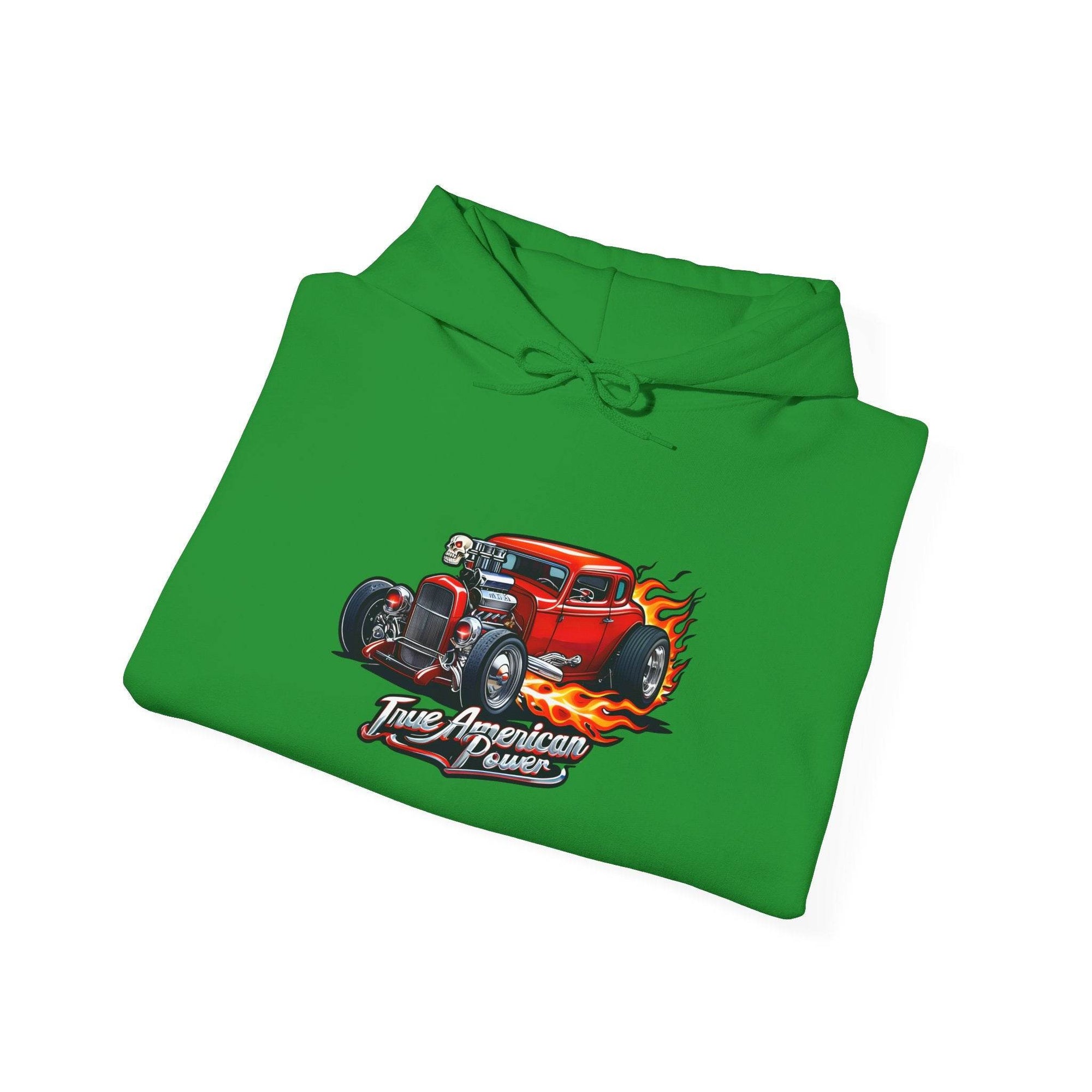 Green hoodie featuring a red hot rod car with flames and the True American Power graphic.