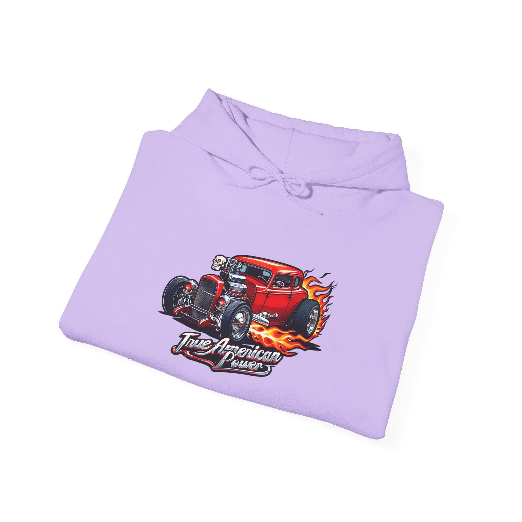 Light purple Hot Rod Hoodie with a red flame-painted hot rod graphic and True American Power text