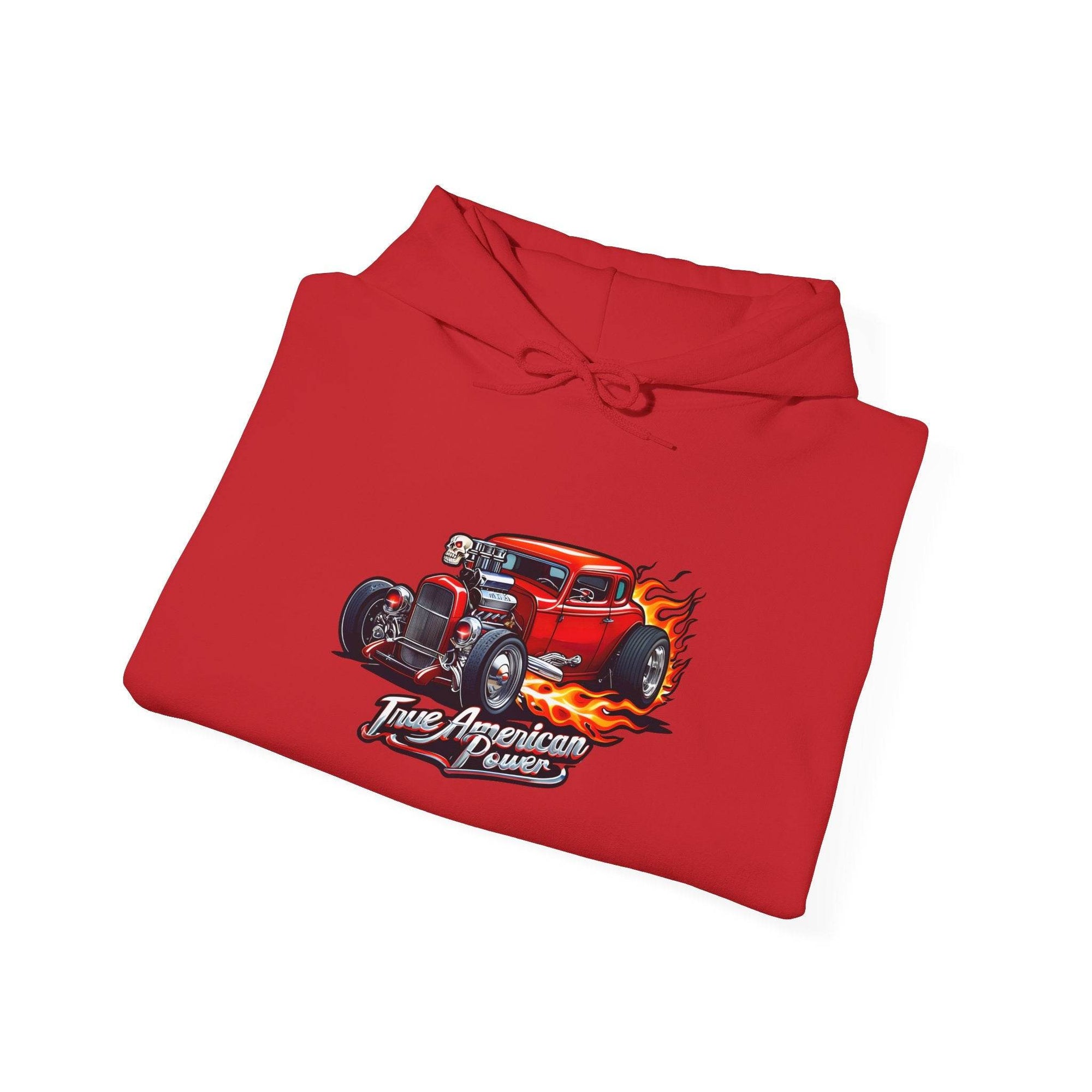 Red hot rod hoodie with flaming car graphic and True American Power slogan