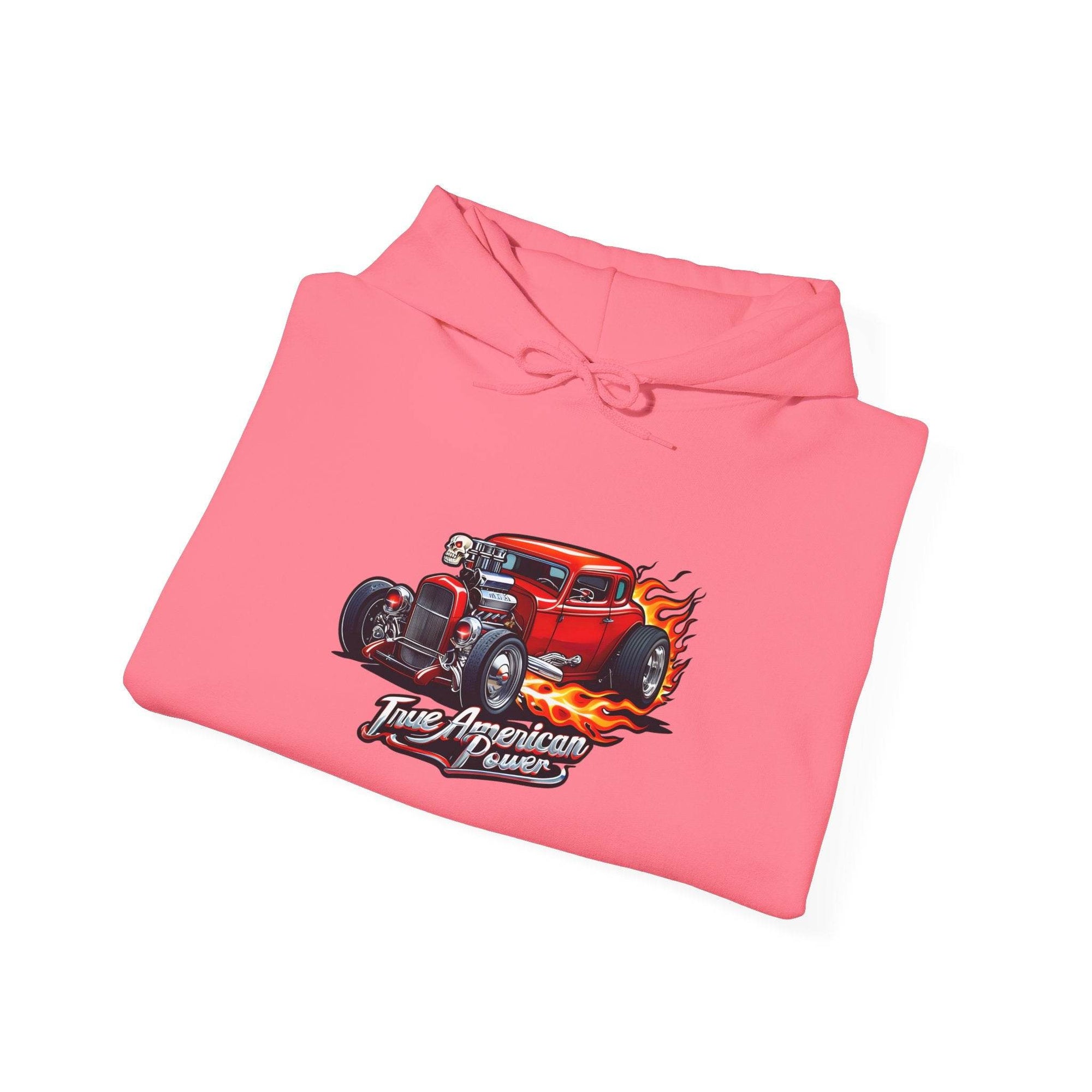 Pink Hot Rod Hoodie featuring a flaming red classic car graphic and True American Power text.