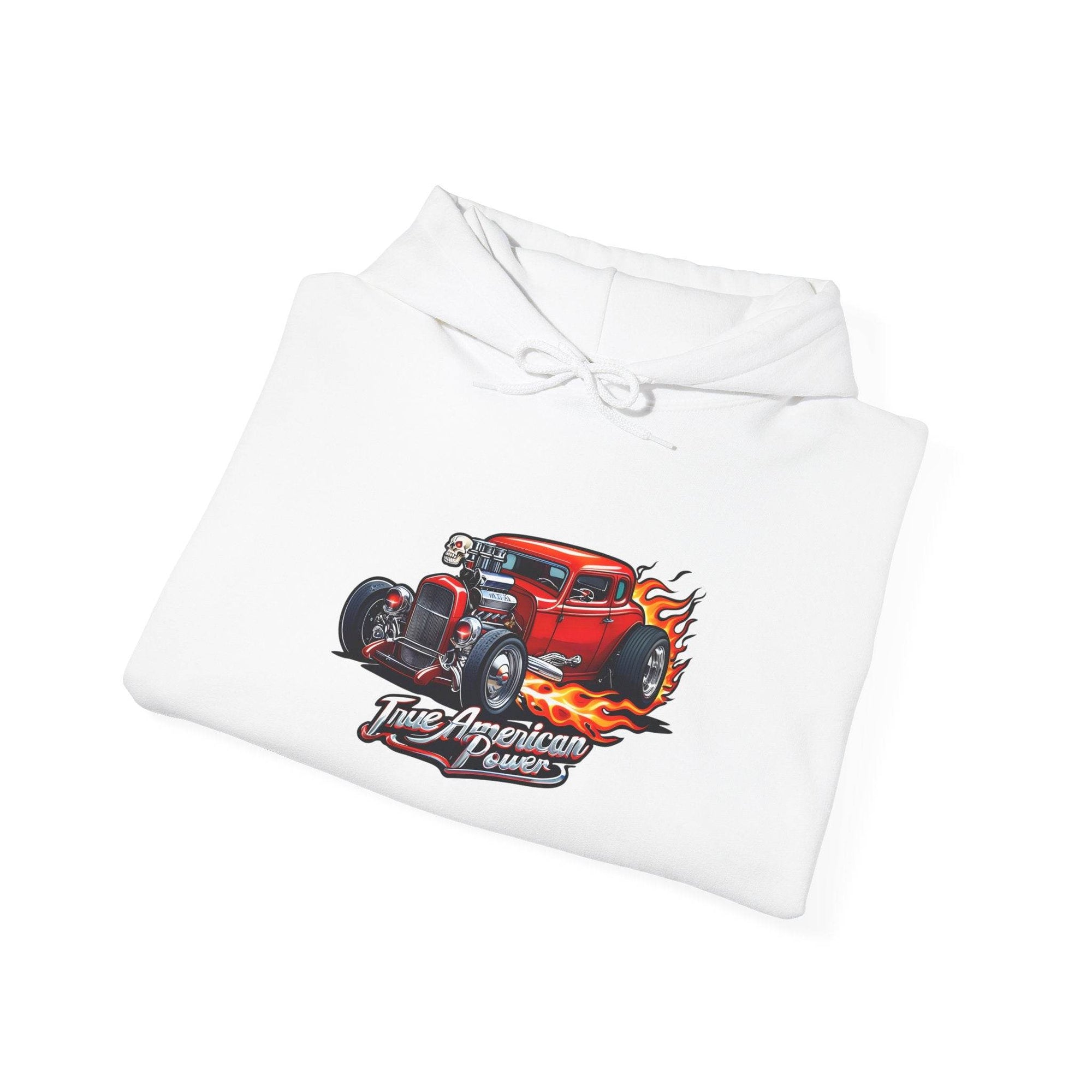 White hoodie with a red hot rod, flames, and True American Power graphic.