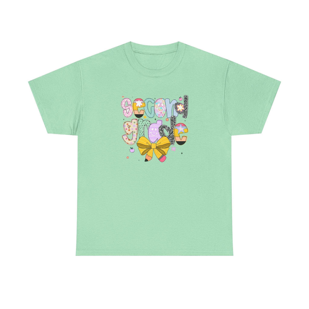 Mint green 2nd grade youth T-shirt with colorful 'second grade' lettering and a yellow bow