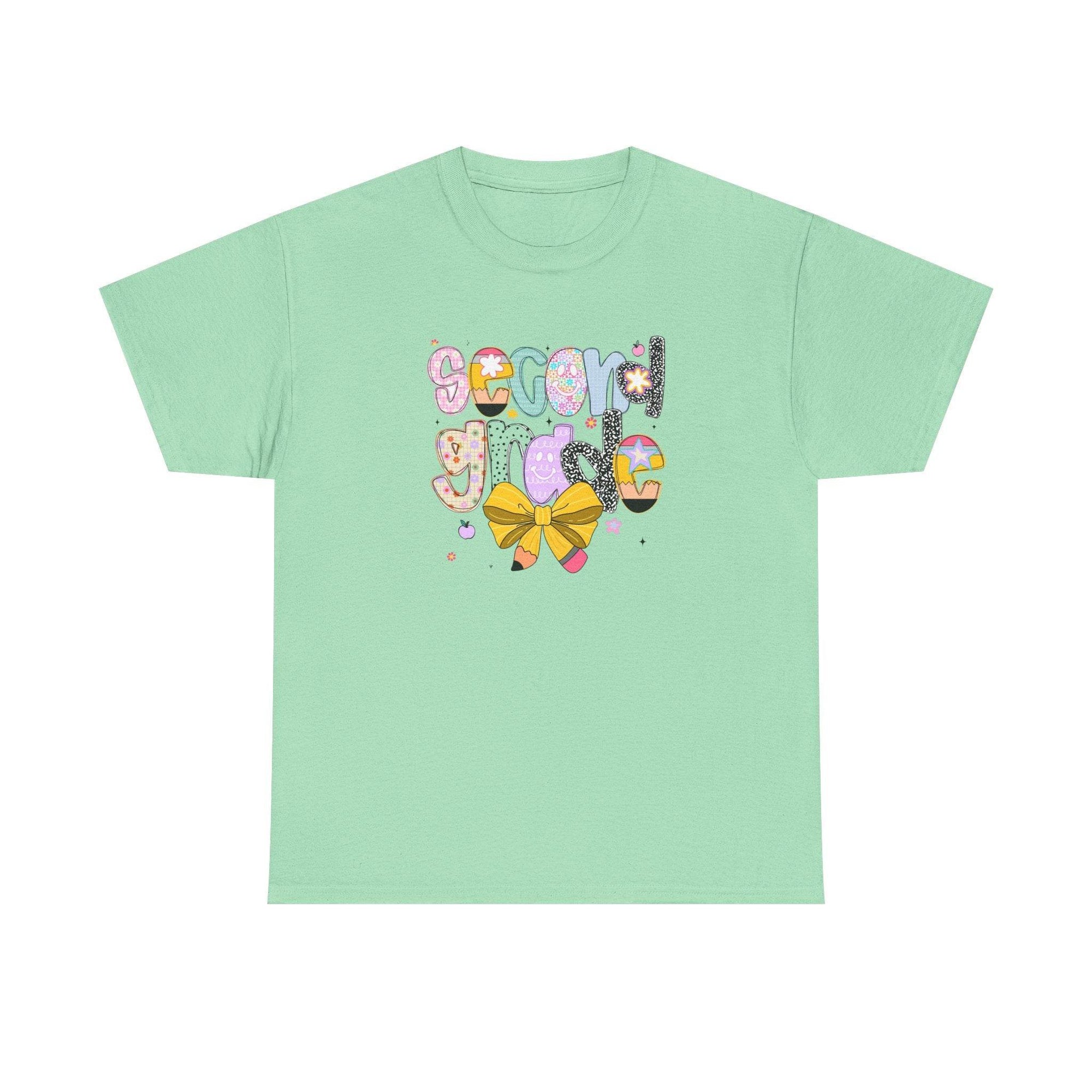 Mint green 2nd grade youth T-shirt with colorful 'second grade' lettering and a yellow bow