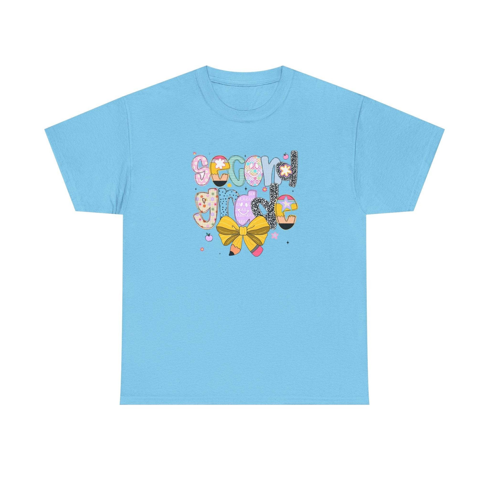 2nd grade youth T-shirt with colorful second grade text and a yellow bow on a light blue tee