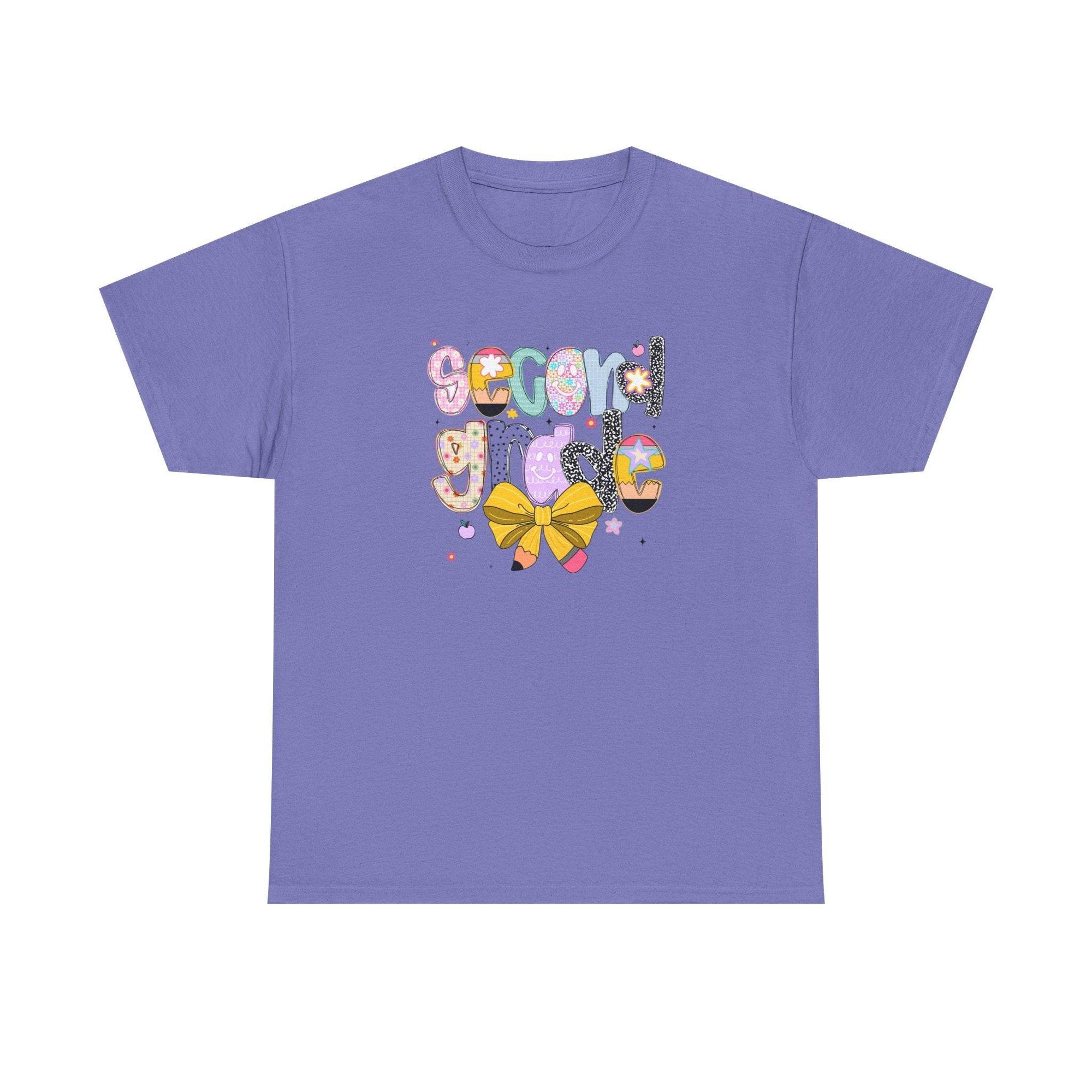Purple 2nd grade youth T-shirt featuring colorful 'second grade' lettering and a yellow bow.