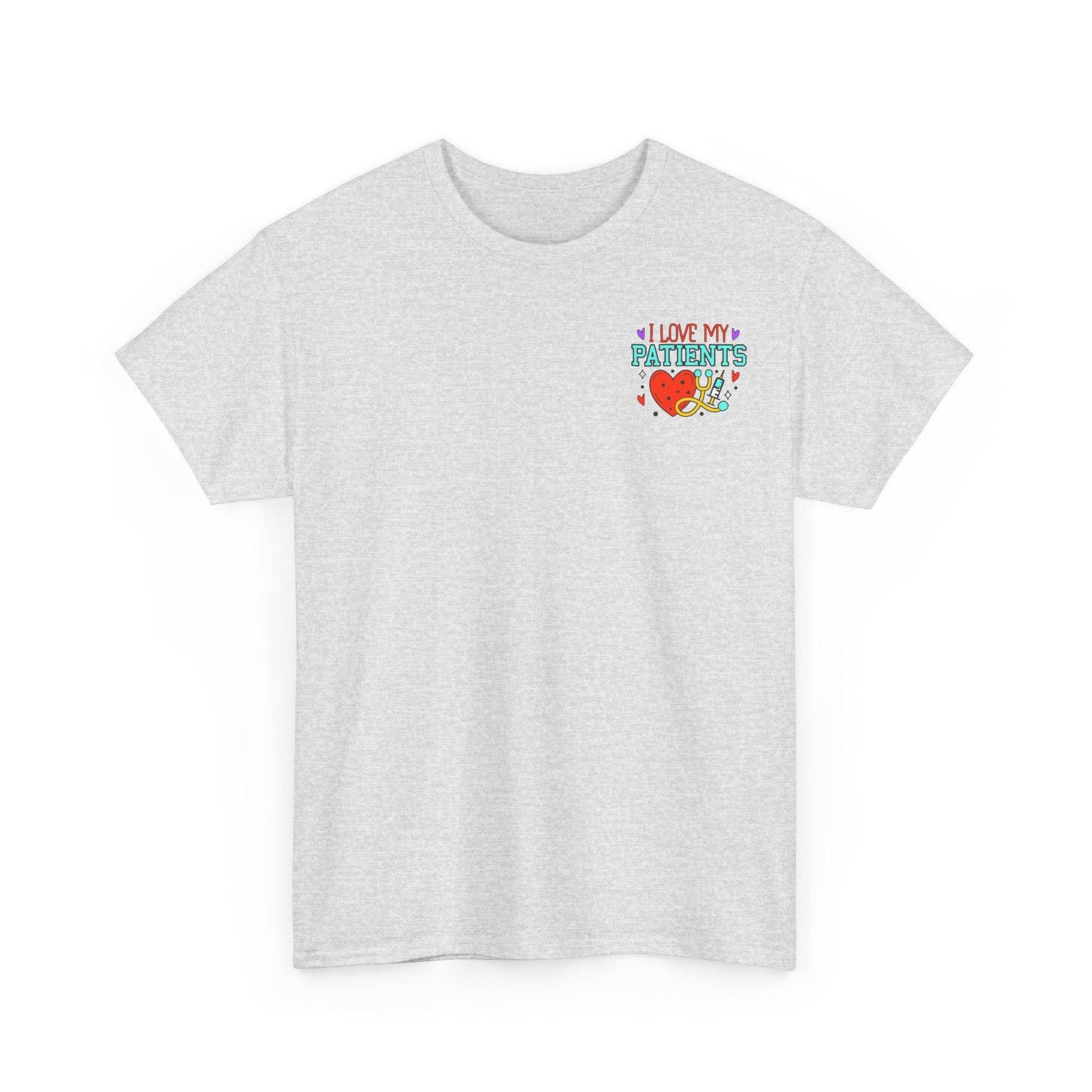 Light gray healthcare workers tee with a colorful chest graphic reading I LOVE MY PATIENTS and medical icons.