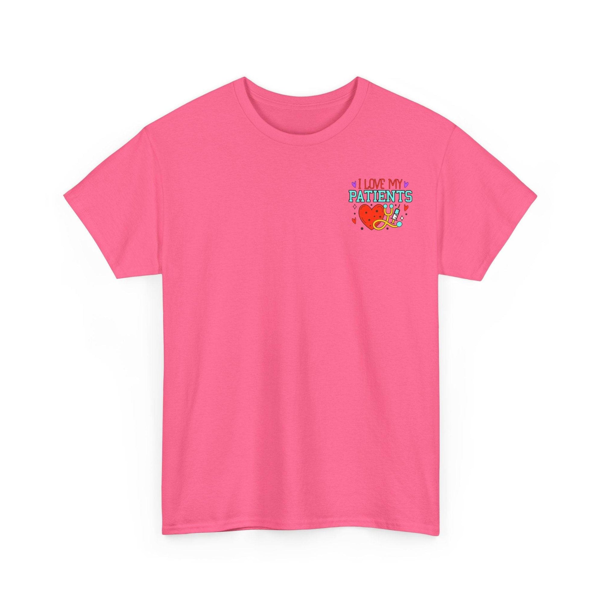 Pink healthcare workers T-shirt with a colorful I Love My Patients graphic and stethoscope on the chest.