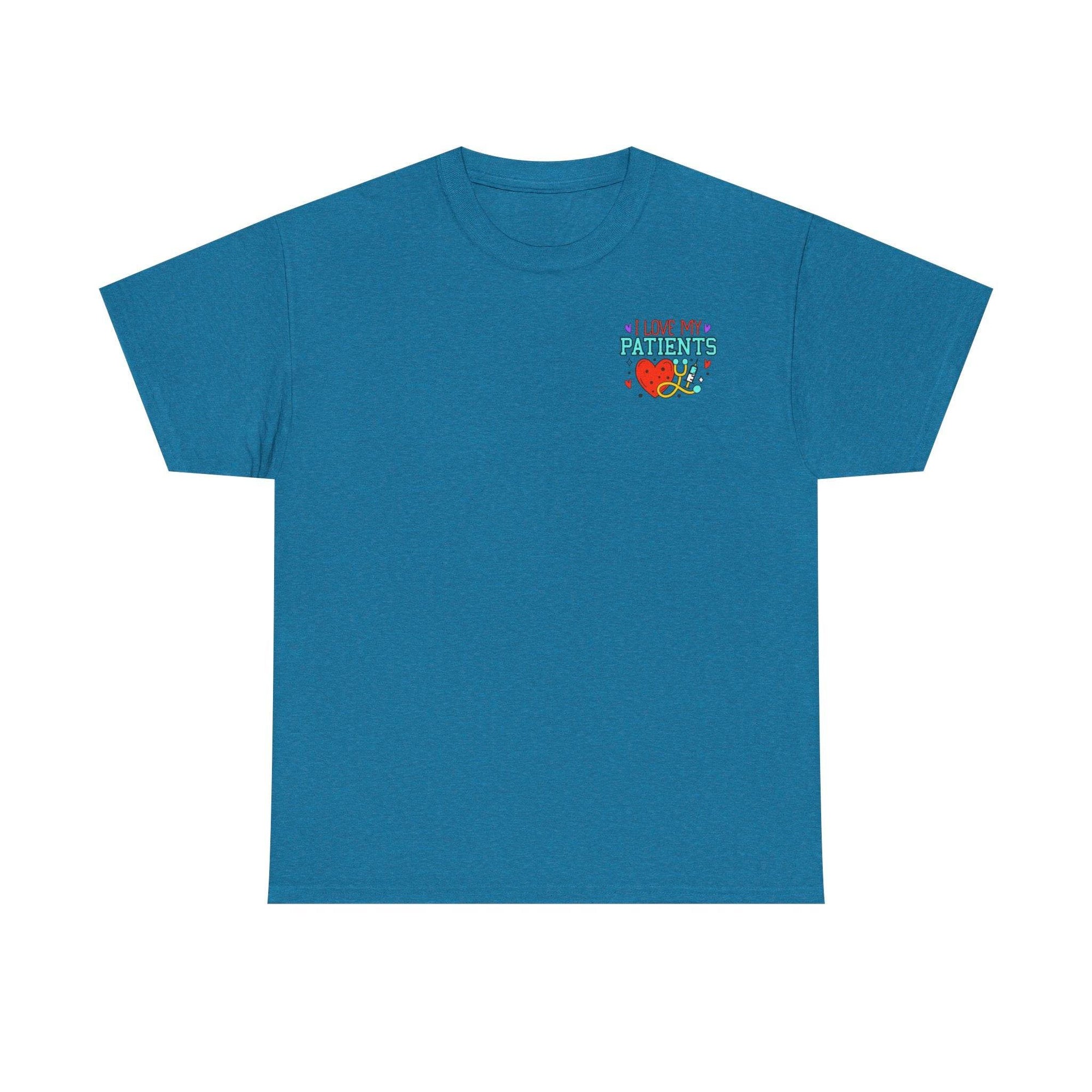 Healthcare workers casual graphic tee with chest print I Love My Patients featuring a heart and stethoscope design.