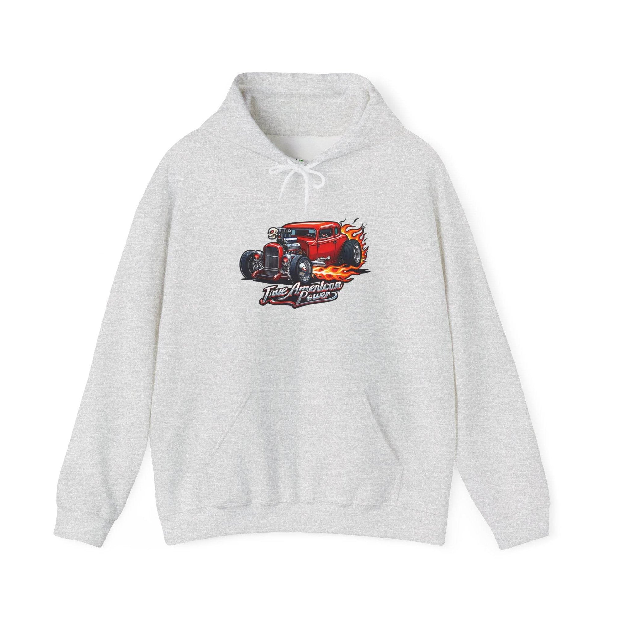 Hot Rod Hoodie with flaming red vintage car graphic and True American Power text.