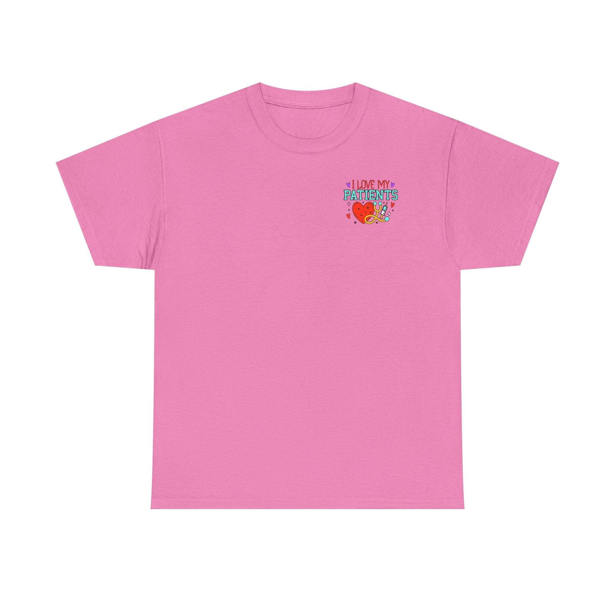 Pink healthcare workers T-shirt with chest print 'I LOVE MY PATIENTS' and heart graphic.