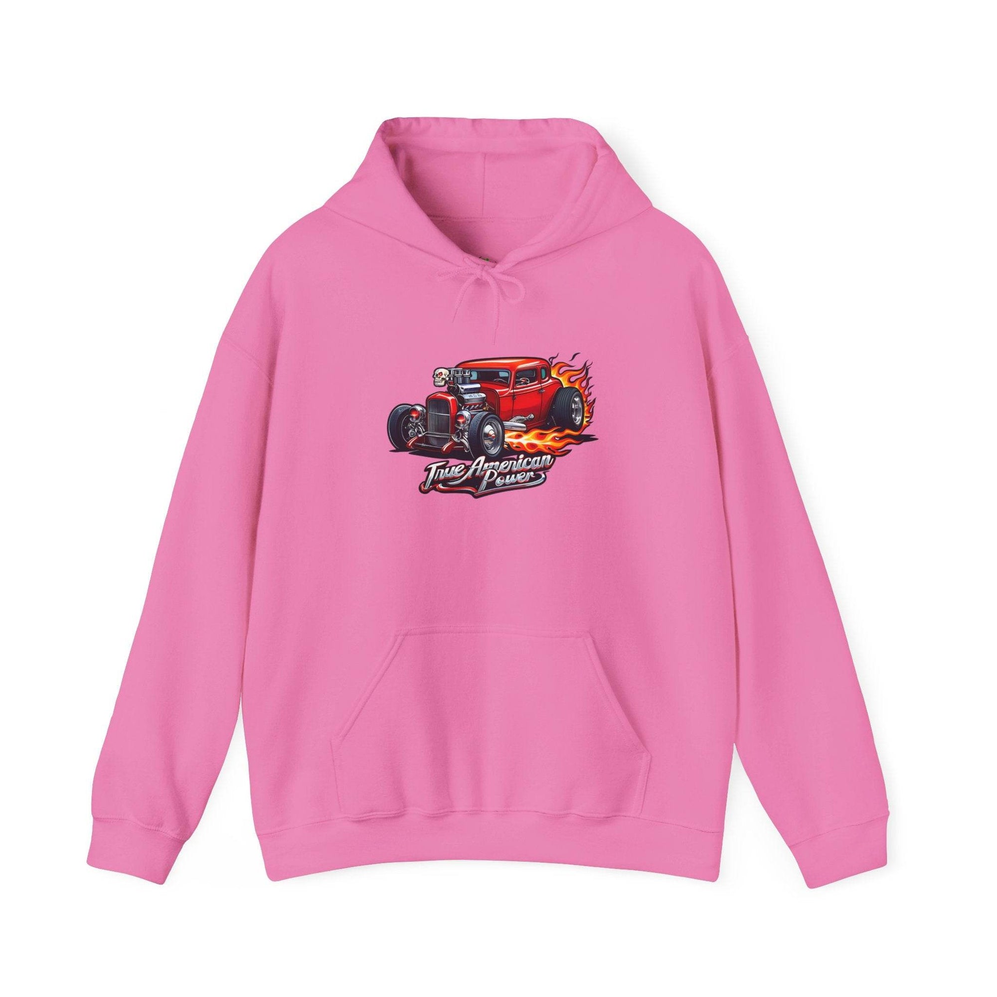 Pink hoodie with a red hot-rod flames graphic and True American Power text.